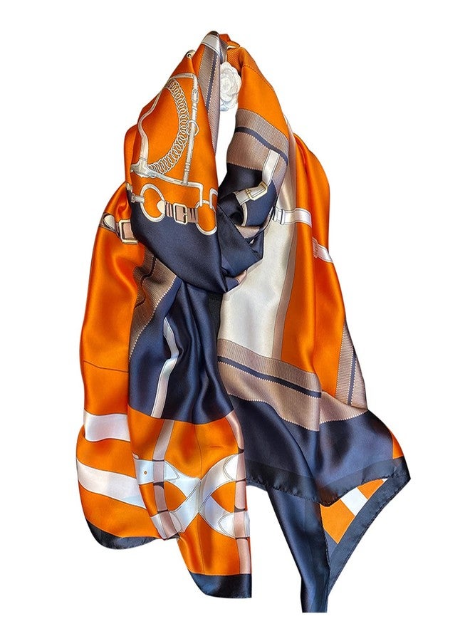 Aufeel Fashion Scarves 100% Satin Silk Scarf Long Lightweight Sunscreen Shawls Wraps for Women Hair Scarves (Orange Blue) - Image 1